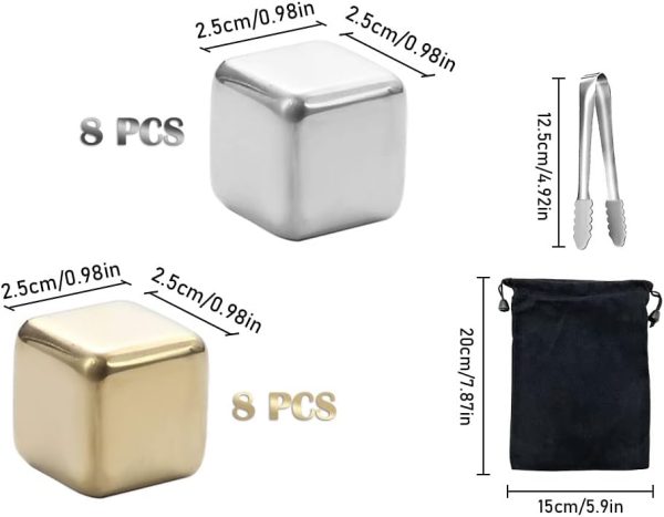 16 PCS Stainless Steel Ice Cubes,Ice Cubes Whiskey Stones,Reusable Whiskey Stones Ice,Whiskey Stainless Steel Metal Ice Cubes,8 Gold 8 Silver,for Whiskey,Wine Chiller,Beer,Vodka,Liqueurs - Image 2