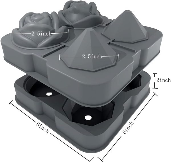 Ice Cube Tray,  2.5inch Ice Cube Molds, 2 Cavity Silicone Rose & 2 Diamond Ice Ball Maker, Easy Release Large Ice Cube Form for Chilling Cocktails, Whiskey, Bourbon & Homemade Juice (Gray) - Image 2