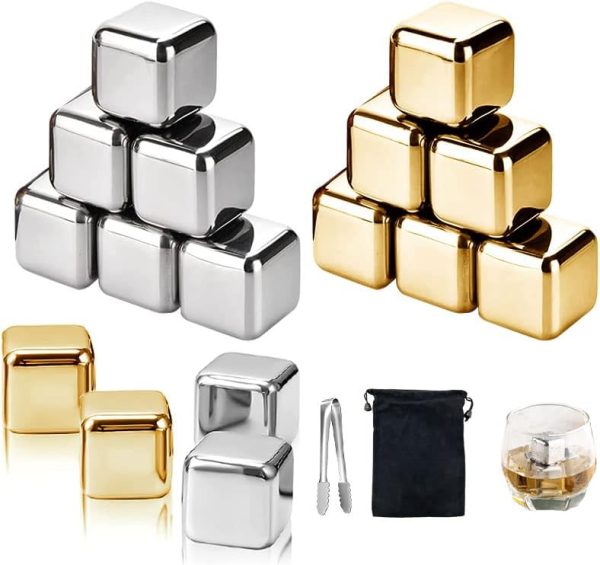 16 PCS Stainless Steel Ice Cubes,Ice Cubes Whiskey Stones,Reusable Whiskey Stones Ice,Whiskey Stainless Steel Metal Ice Cubes,8 Gold 8 Silver,for Whiskey,Wine Chiller,Beer,Vodka,Liqueurs