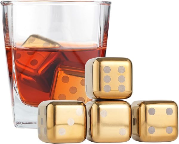 4 Pack Gold Dice Reusable Stainless Steel Metal Ice Cube, Whiskey Bourbon Gifts for Men,Stocking Stuffers,Unique Christmas Birthday Gifts for Dad Him Boyfriend Boss (4)