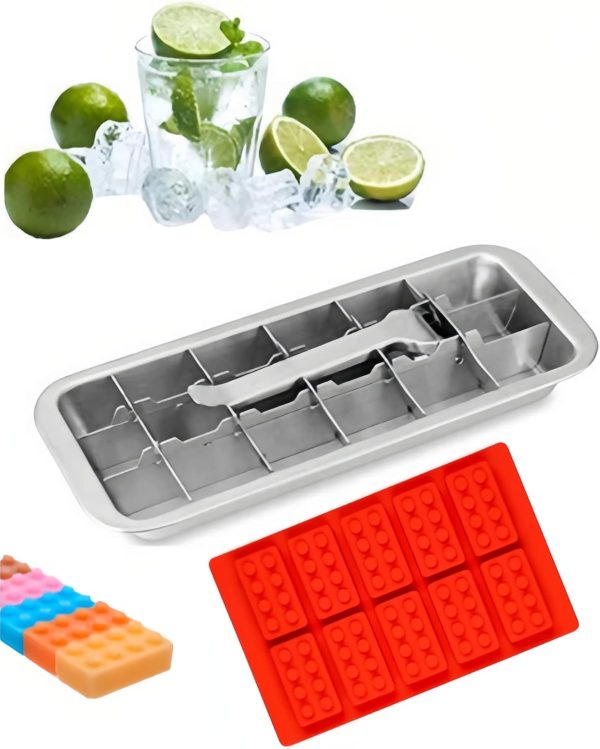 Metal Ice Cube Trays for Freezer with Easy Release Handle,and Building Brick Ice Tray or Candy Mold for Lego Fans,2pcs Ice Freezer Molds