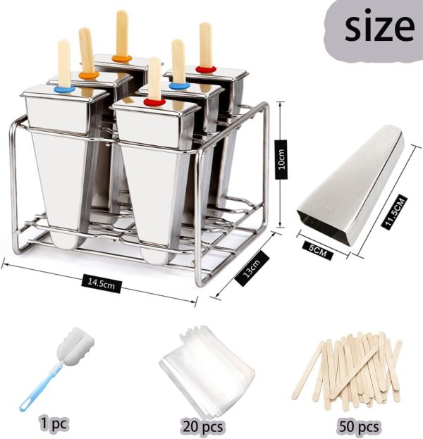 Set of 6 Stainless Steel Popsicle Molds Kit, Metal Popsicle Moulds,Homemade Ice Treat Makerwith 50 Wooden Sticks and 6 Silicone Seals and 20 Pop Bags,Cleaning Brush（Watermelon） - Image 2