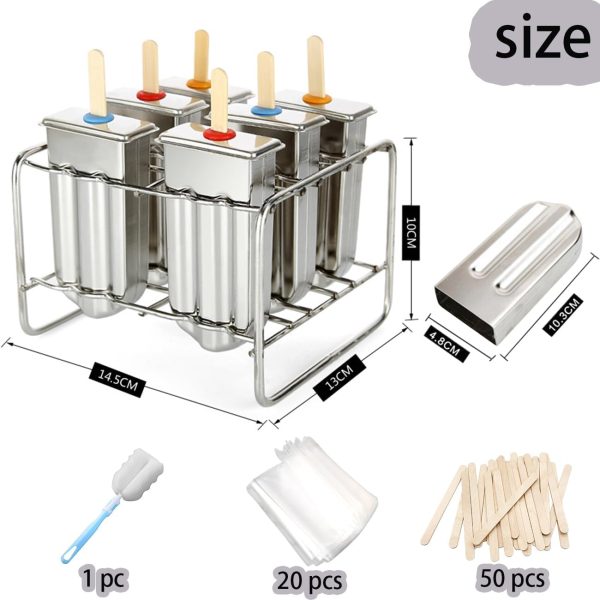 Set of 6 Stainless Steel Popsicle Molds Kit, Metal Popsicle Moulds,Homemade Ice Treat Makerwith 50 Wooden Sticks and 6 Silicone Seals and 20 Pop Bags,Cleaning Brush（semi-circular） - Image 2