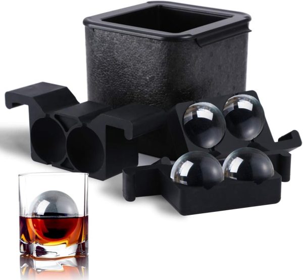 Crystal Clear Ice Ball Maker, 4 Cavity Large Clear Ice Balls Form, 2.5” Round Ice Sphere Trays for Whiskey, Cocktail, Brandy, Bourbon