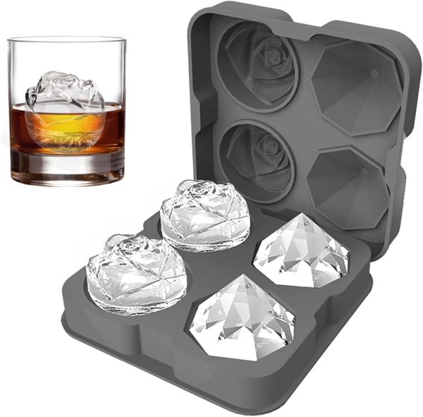 Ice Cube Tray,  2.5inch Ice Cube Molds, 2 Cavity Silicone Rose & 2 Diamond Ice Ball Maker, Easy Release Large Ice Cube Form for Chilling Cocktails, Whiskey, Bourbon & Homemade Juice (Gray)