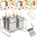 Set of 6 Stainless Steel Popsicle Molds Kit, Metal Popsicle Moulds,Homemade Ice Treat Makerwith 50 Wooden Sticks and 6 Silicone Seals and 20 Pop Bags,Cleaning Brush（semi-circular）