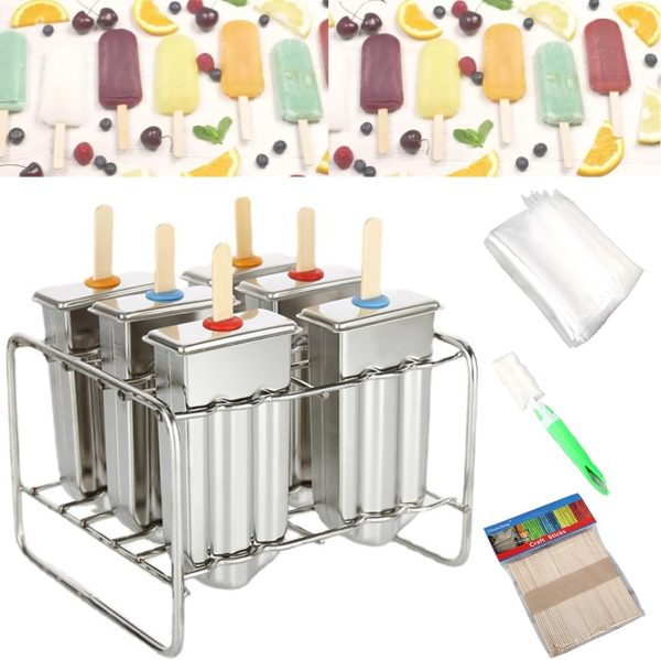 Set of 6 Stainless Steel Popsicle Molds Kit, Metal Popsicle Moulds,Homemade Ice Treat Makerwith 50 Wooden Sticks and 6 Silicone Seals and 20 Pop Bags,Cleaning Brush（semi-circular）