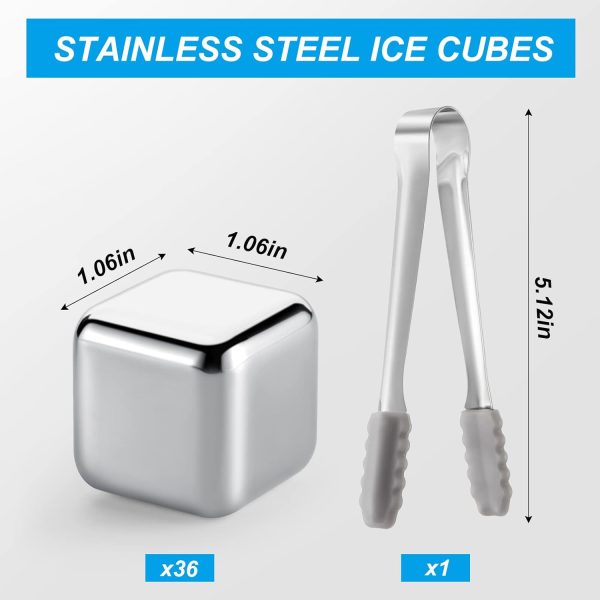 36 Pcs Stainless Steel Ice Cubes with Ice Tongs Whiskey Cubes Metal Whiskey Rocks Tool Reusable Ice Stones Rocks for Drinks Chilling Whiskey Vodka Liqueurs Wine Not Solid - Image 2