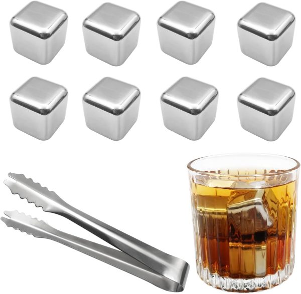 8 pcs Stainless Steel Ice Cubes for Drinks, Reusable Stainless Wine Ice Tong for Whiskey, Vodka, Soda, Wine, Beverage Juice Father's Gifts