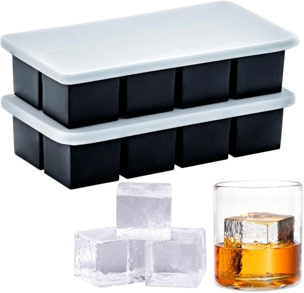 Large Ice Cube Tray for Whiskey (2 Pack),Metal Reinforced Frame Big Ice Cube Molds,Large Square Ice Cube Trays with lid,Easy Release Ice Trays for making 16 Giant Ice Cubes for Whiskey Cocktails