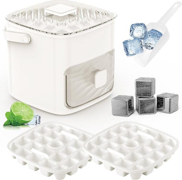 Ice Cube Tray with Lid and Bin, 2 Packs Ice Cube Trays for Freezer with 4 Pcs Stainless Steel Ice Cube, Easy Release Ice Tray for Drinks, Whiskey, Cocktail, Coffee