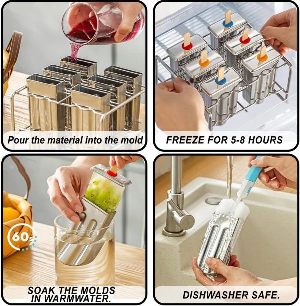 Set of 6 Stainless Steel Popsicle Molds Kit, Metal Popsicle Moulds,Homemade Ice Treat Makerwith 50 Wooden Sticks and 6 Silicone Seals and 20 Pop Bags,Cleaning Brush - Image 2