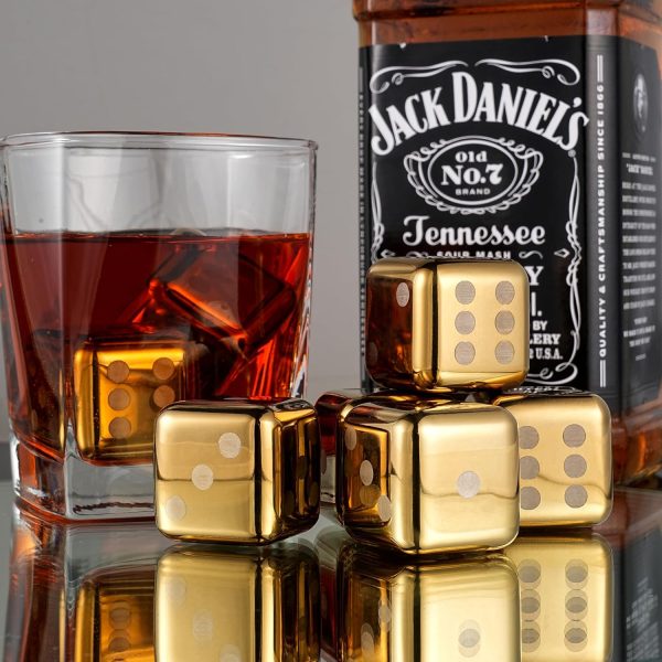 4 Pack Gold Dice Reusable Stainless Steel Metal Ice Cube, Whiskey Bourbon Gifts for Men,Stocking Stuffers,Unique Christmas Birthday Gifts for Dad Him Boyfriend Boss (4)